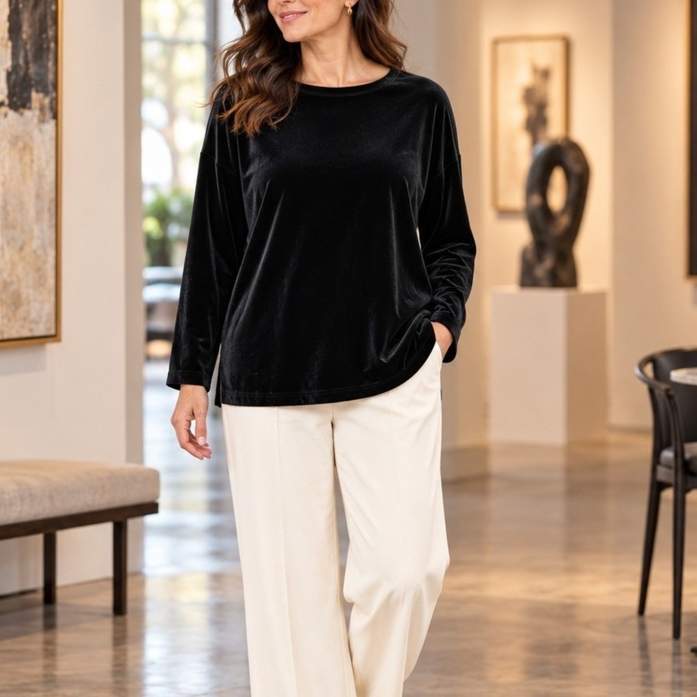 J. Jill Black Velvet Long Sleeve Boat Neck Relaxed Top Womens Medium